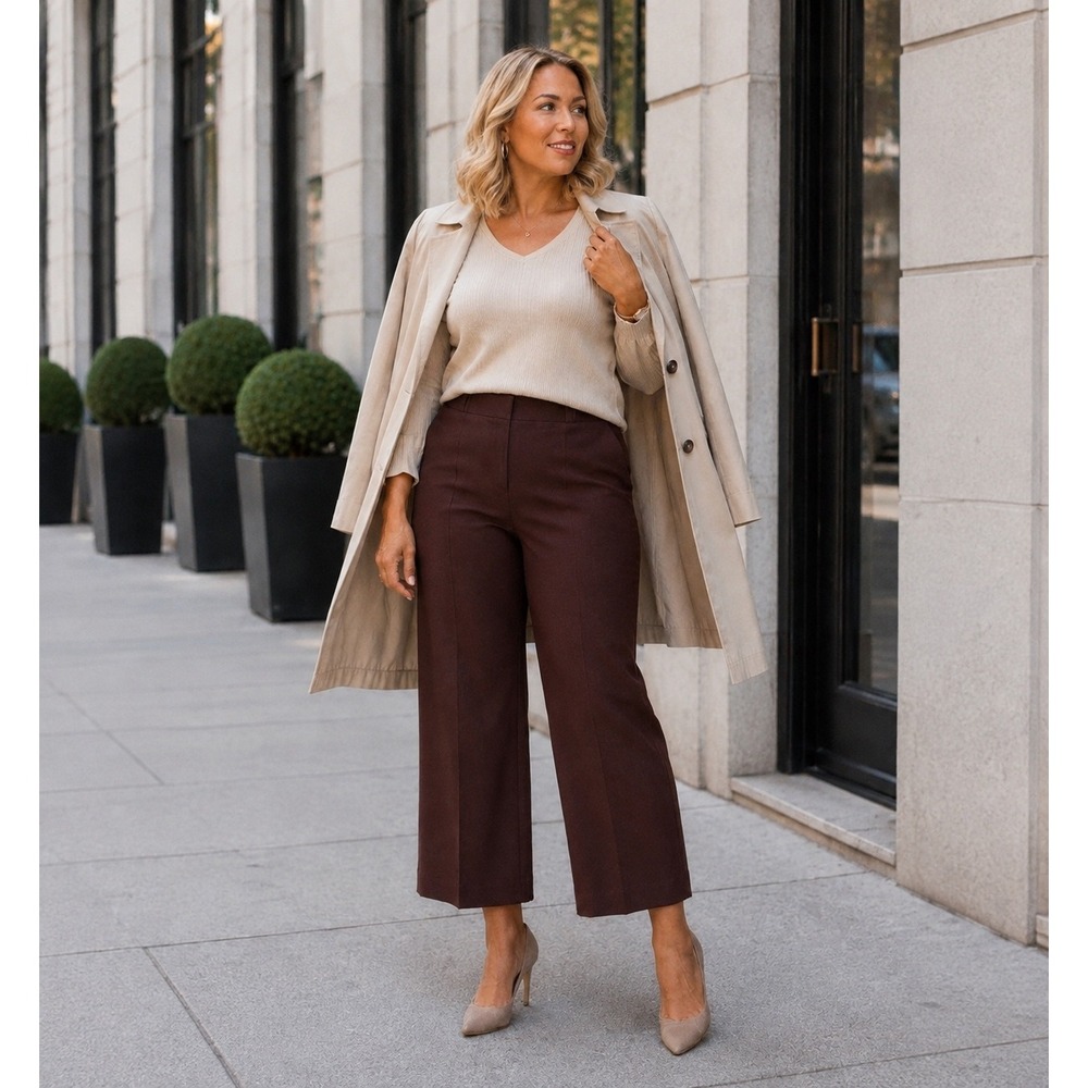 NWT OGL Brown Pintuck Straight Leg Pants Side Zip High Rise Stretch Knit  L